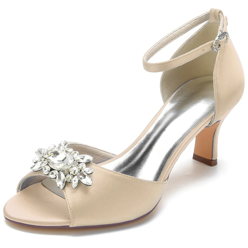 Women's Wedding Shoes Opened Toe Block Heel Buckle Bridal Shoes with Rhinestone - Image 12