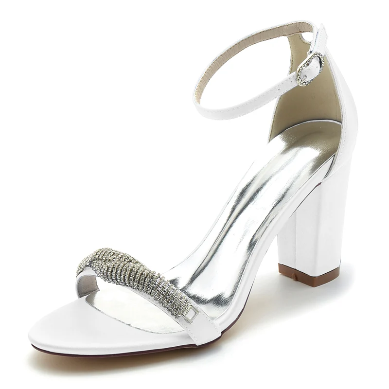 Women's Wedding Shoes Opened Toe Block Heel Chic Mini Rhinestone Buckle Bridal Shoes - Image 11
