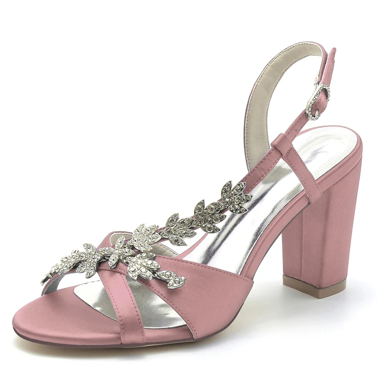 Women's Wedding Shoes Opened Toe Block Heel Rhinestone Leaves Elegant Bridal Shoes - Image 9