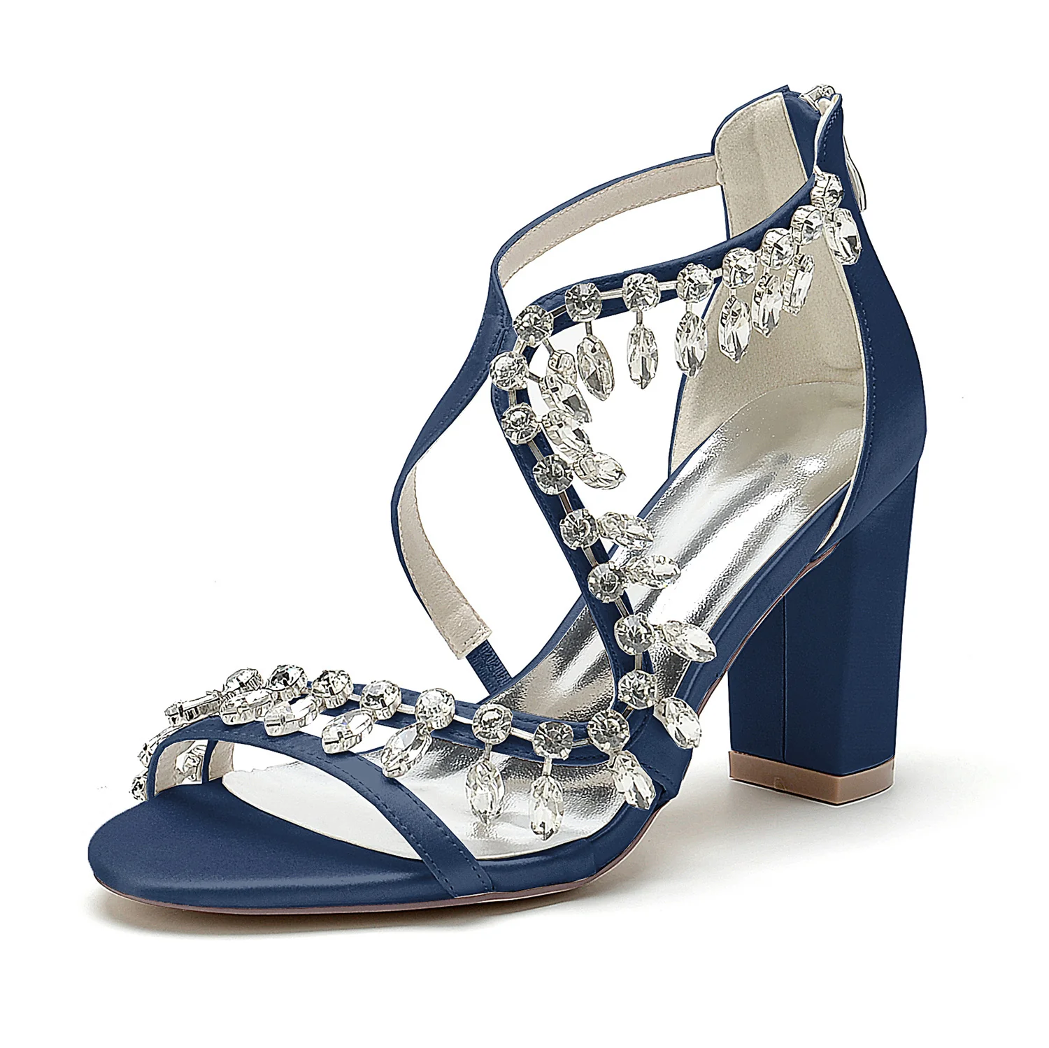 Women's Wedding Shoes Opened Toe Chunky Heel Crossed Rhinestone Buckle Bridal Shoes - Image 11
