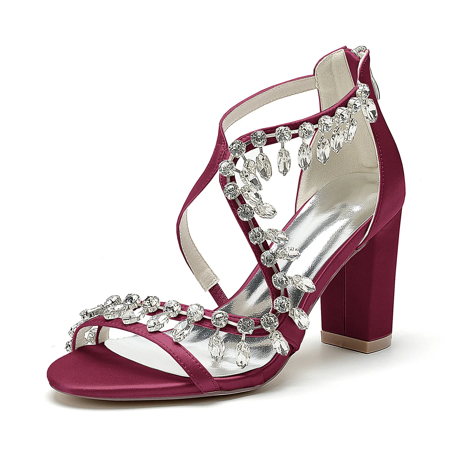 Women's Wedding Shoes Opened Toe Chunky Heel Crossed Rhinestone Buckle Bridal Shoes - Image 9