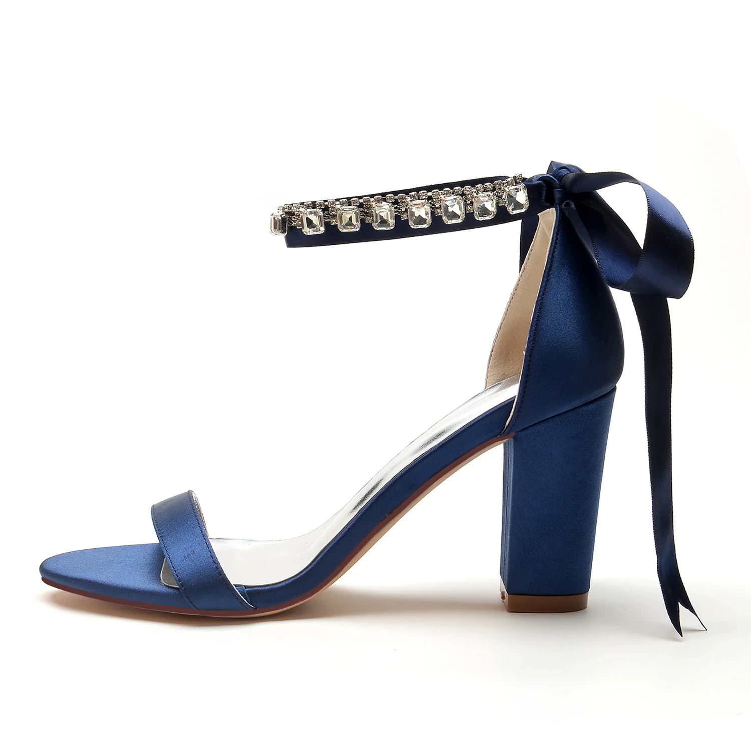 Women's Wedding Shoes Opened Toe Chunky Heel Rhinestone Bow Buckle Bridal Shoes - Image 2