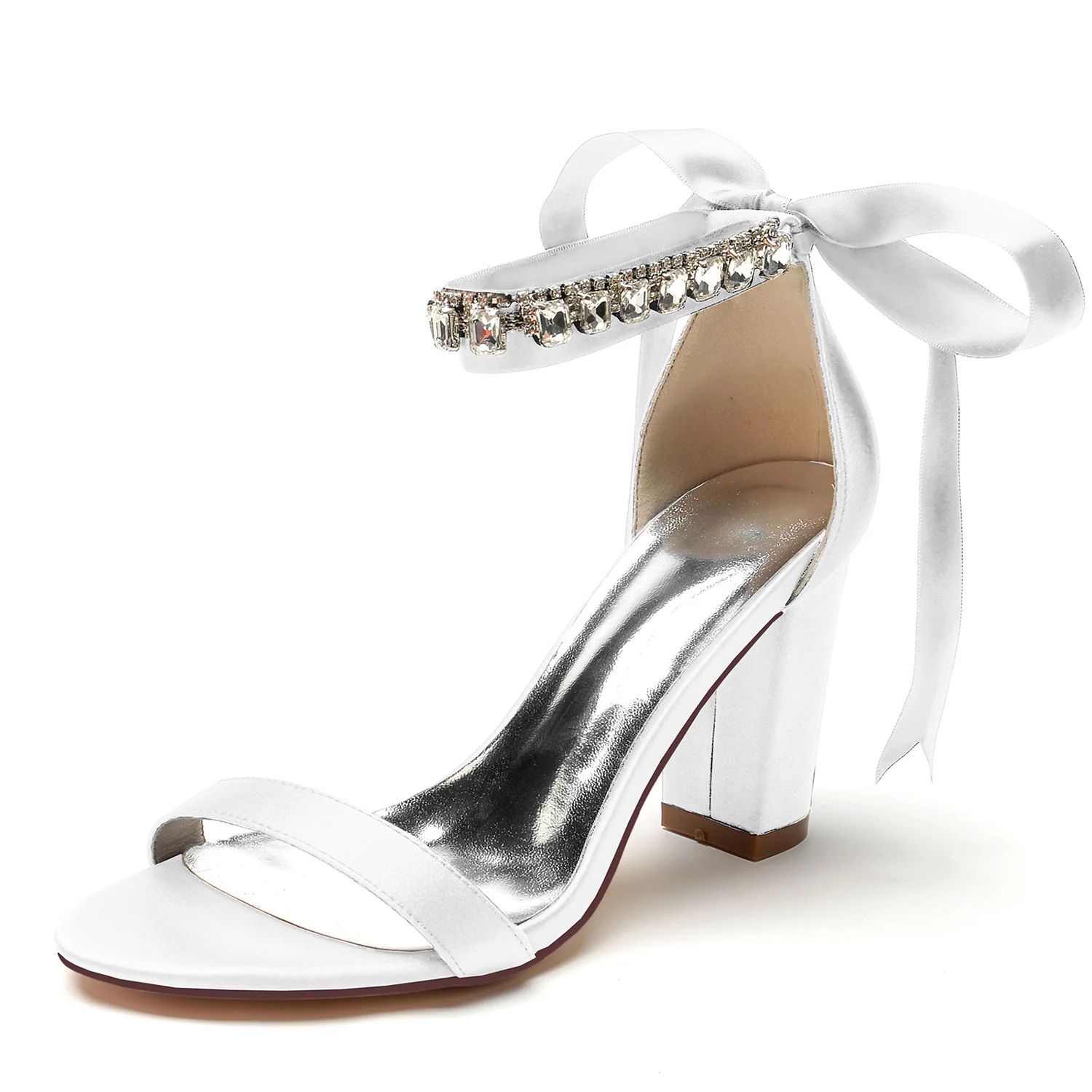 Women's Wedding Shoes Opened Toe Chunky Heel Rhinestone Bow Buckle Bridal Shoes - Image 6