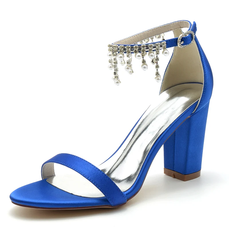 Women's Wedding Shoes Opened Toe Square Block Heel Elegant Pearl Tassel Buckle Bridal Shoes - Image 2