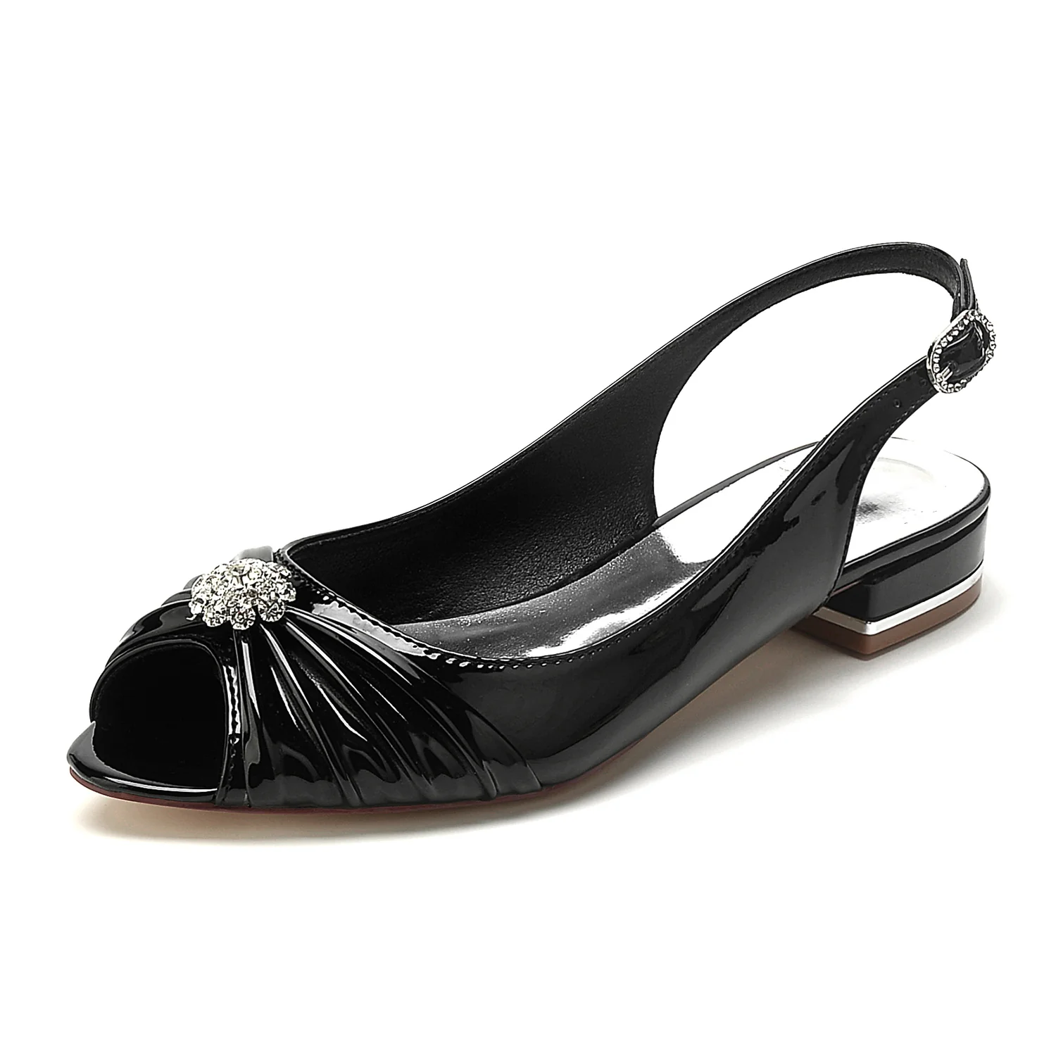 Women's Wedding Shoes Patent Leather Crystal Flower Low Peep Toe Buckle Bridal Shoes - Image 3