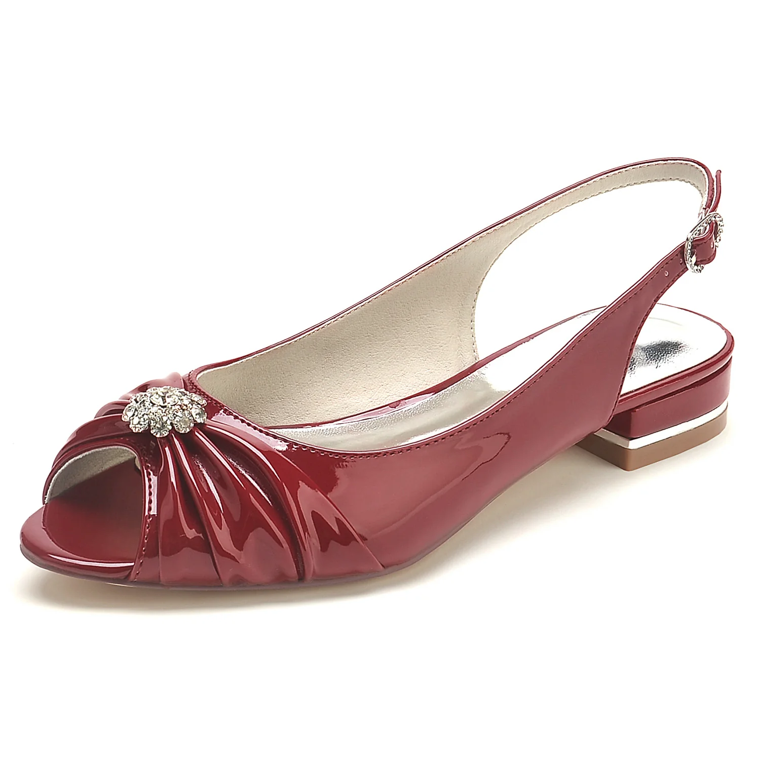 Women's Wedding Shoes Patent Leather Crystal Flower Low Peep Toe Buckle Bridal Shoes - Image 4
