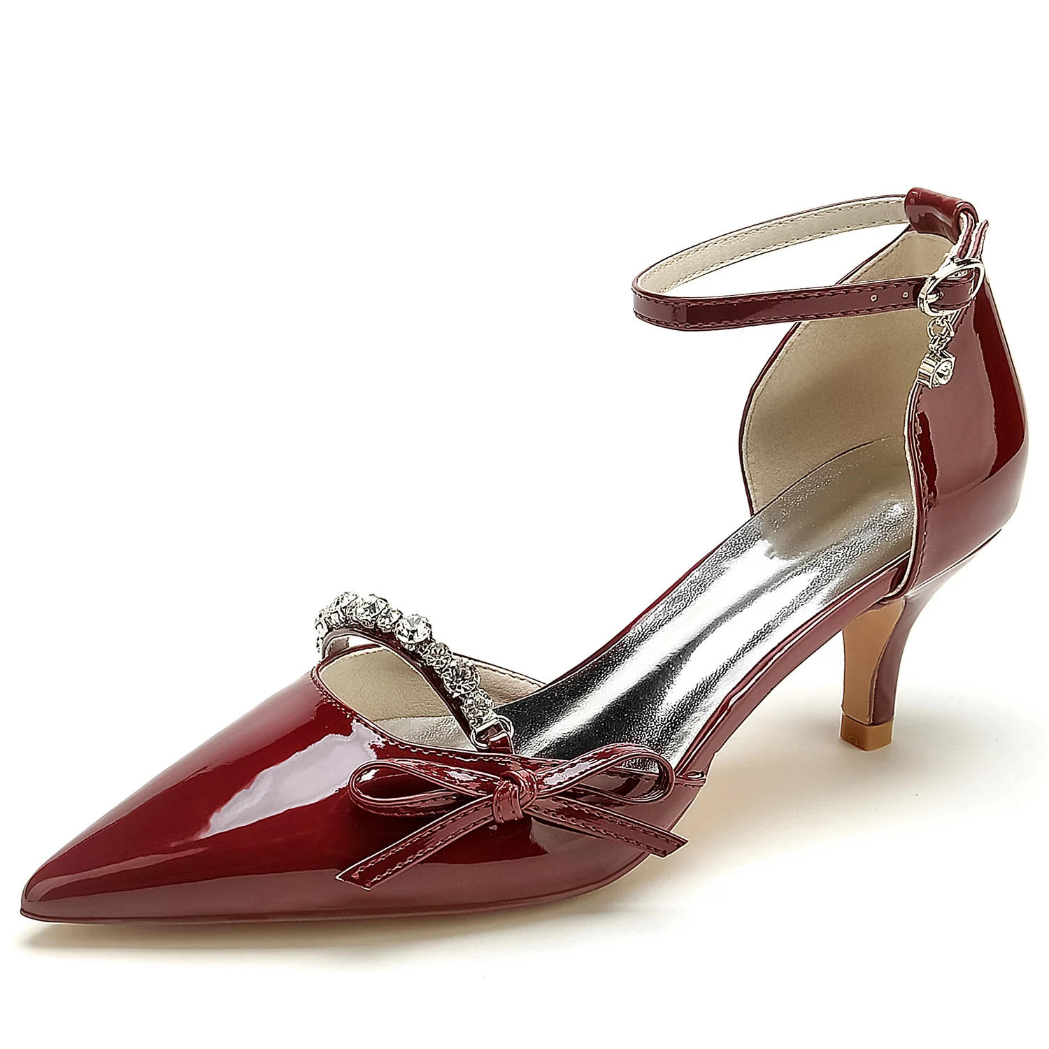 Women's Wedding Shoes Patent Leather Rhinestone Bow Mid Pointed Toe Bridal Shoes - Image 3