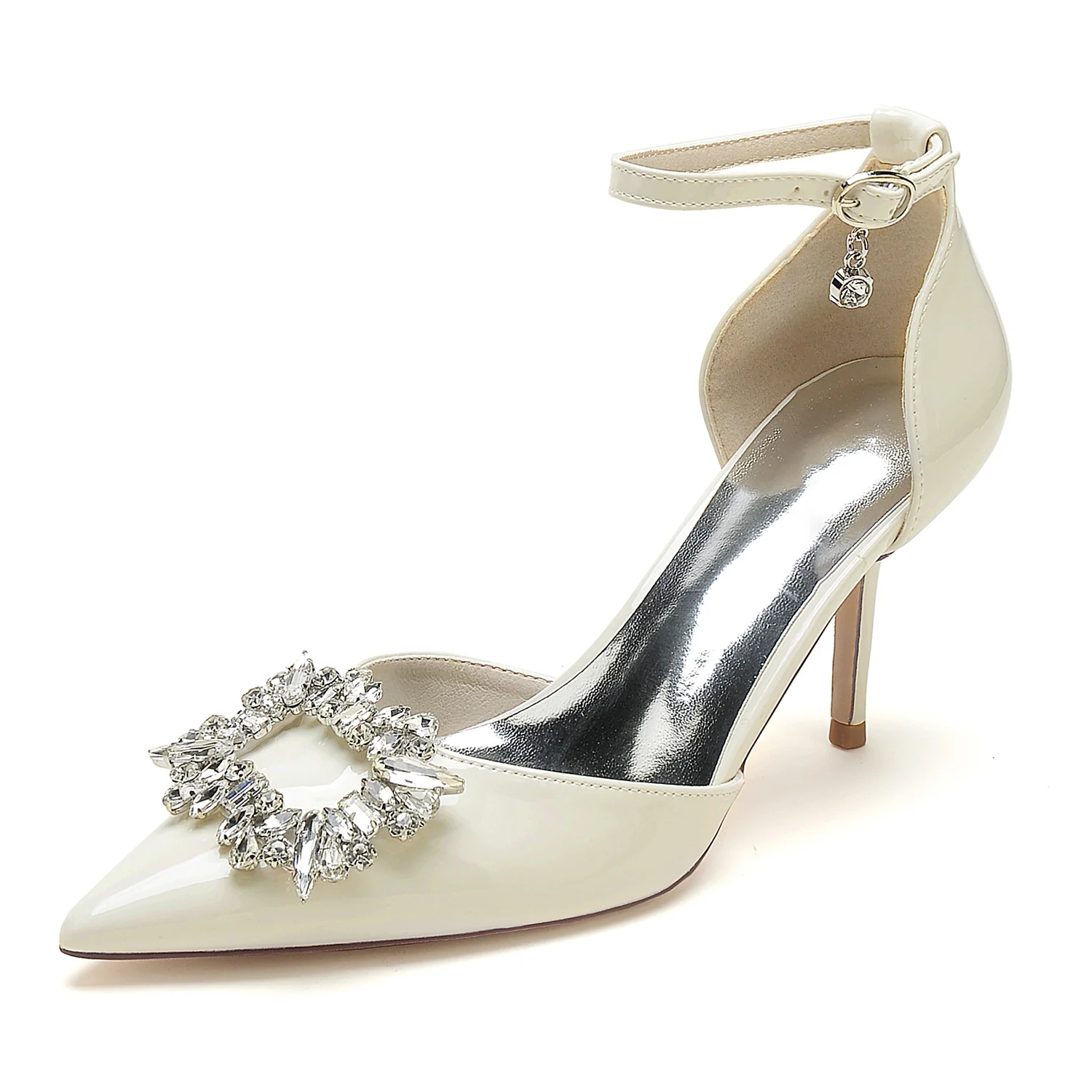 Women's Wedding Shoes Patent Leather Stiletto Pointed Toe Square Crystal Bridal Shoes - Image 6