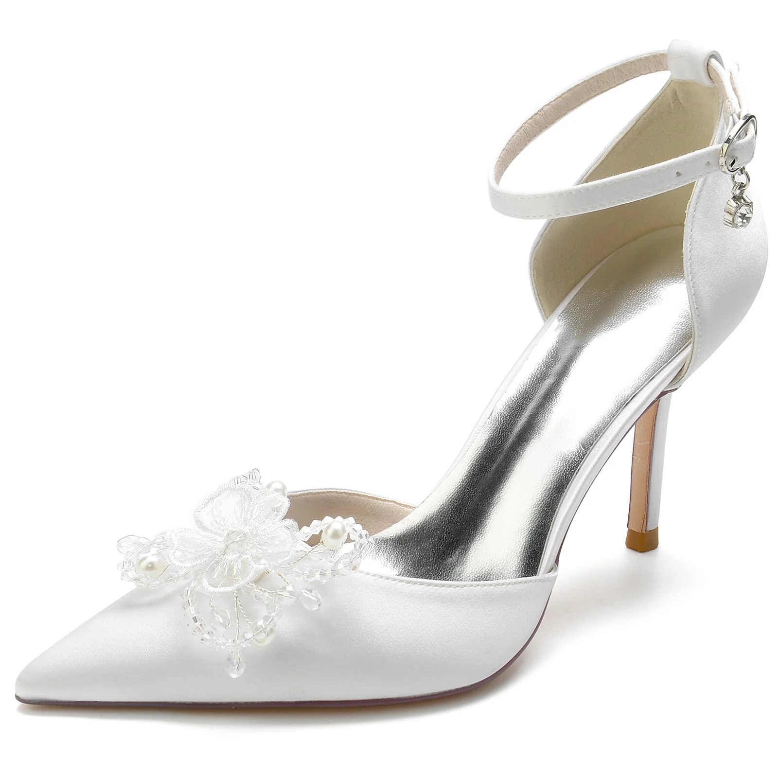 Women's Wedding Shoes Pearl Flower Stiletto Pointed Toe Buckle Bridal Shoes - Image 7