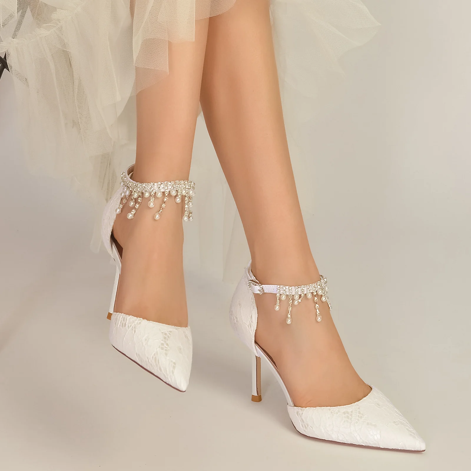 Women's Wedding Shoes Pearl Lace Stiletto Pointed Toe Ankle Strap Bridal Shoes - Image 2