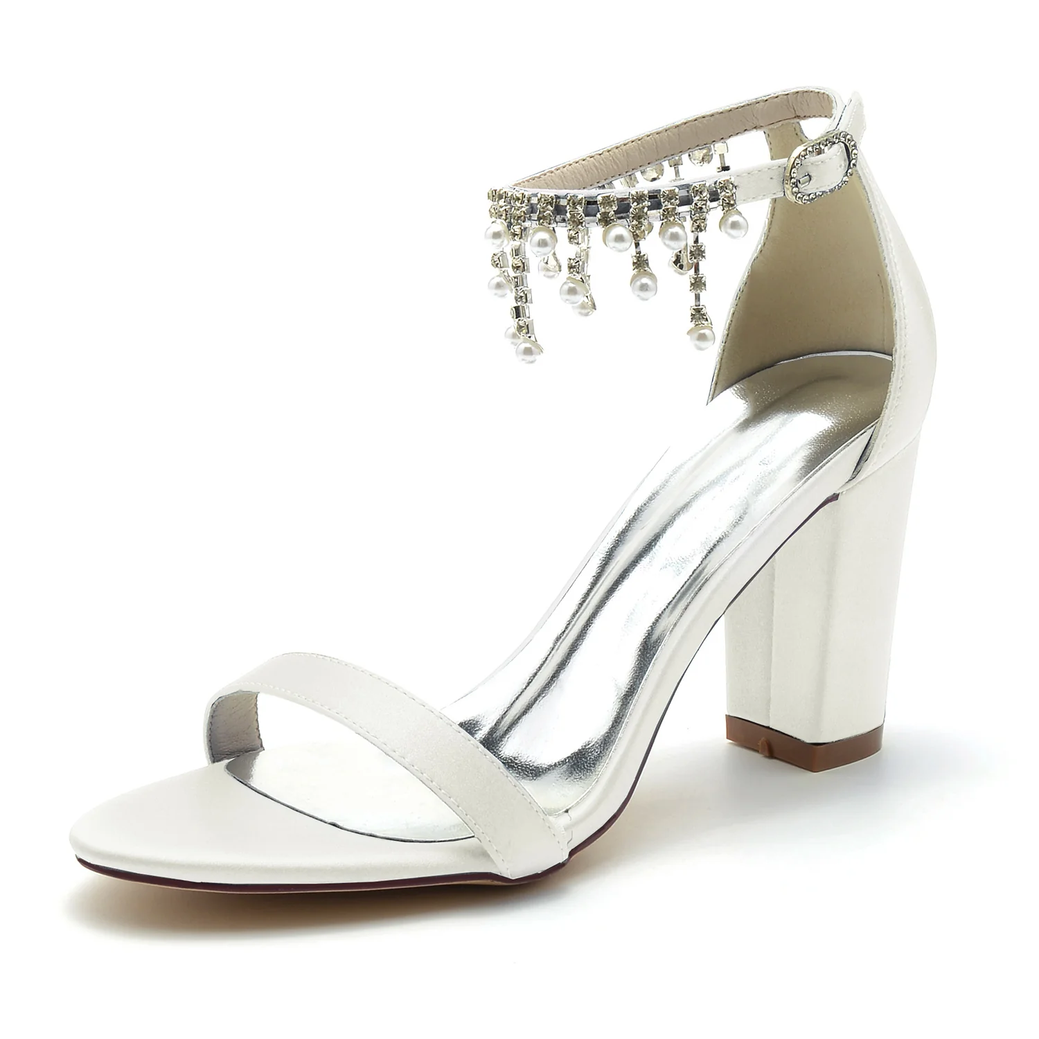Women's Wedding Shoes Peep Toe Chunky Heel Rhinestone Ankle Strap Bridal Shoes - Image 10