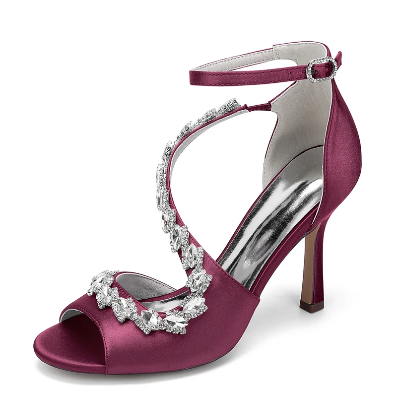 Women's Wedding Shoes Peep Toe High Heel Ankle Strap Buckle Bridal Shoes with Crystals - Image 11