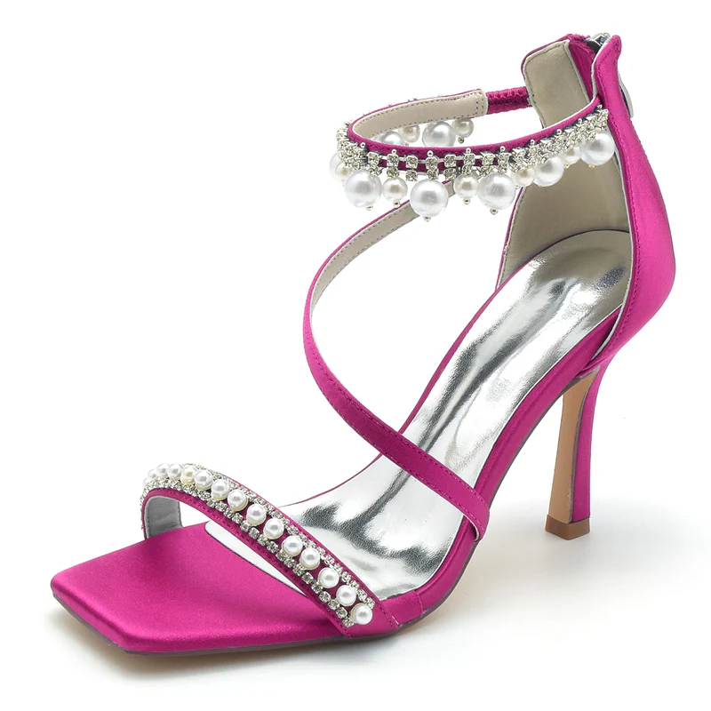 Women's Wedding Shoes Peep Toe High Heel Crossed Strap Buckle Bridal Shoes with Pearl - Image 10