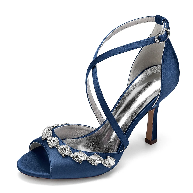 Women's Wedding Shoes Peep Toe High Heel Crossed Straps Buckle Bridal Shoes with Crystals - Image 7