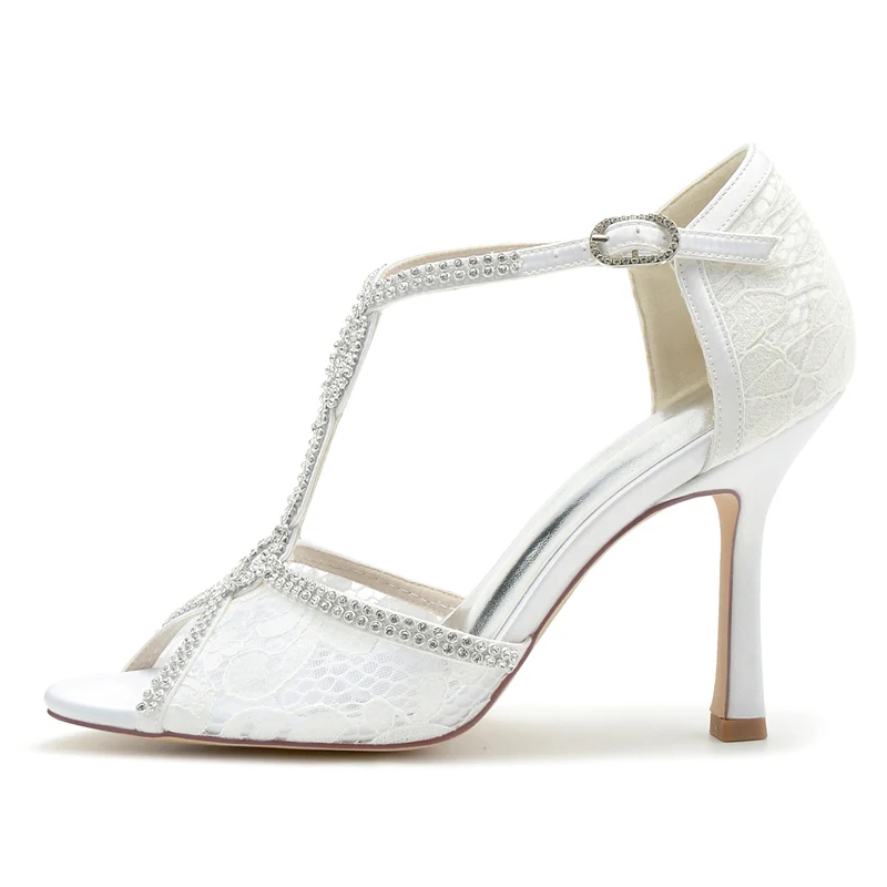 Women's Wedding Shoes Peep Toe High Heel Lace Crystal Straps Luxurious Buckle Bridal Shoes - Image 2