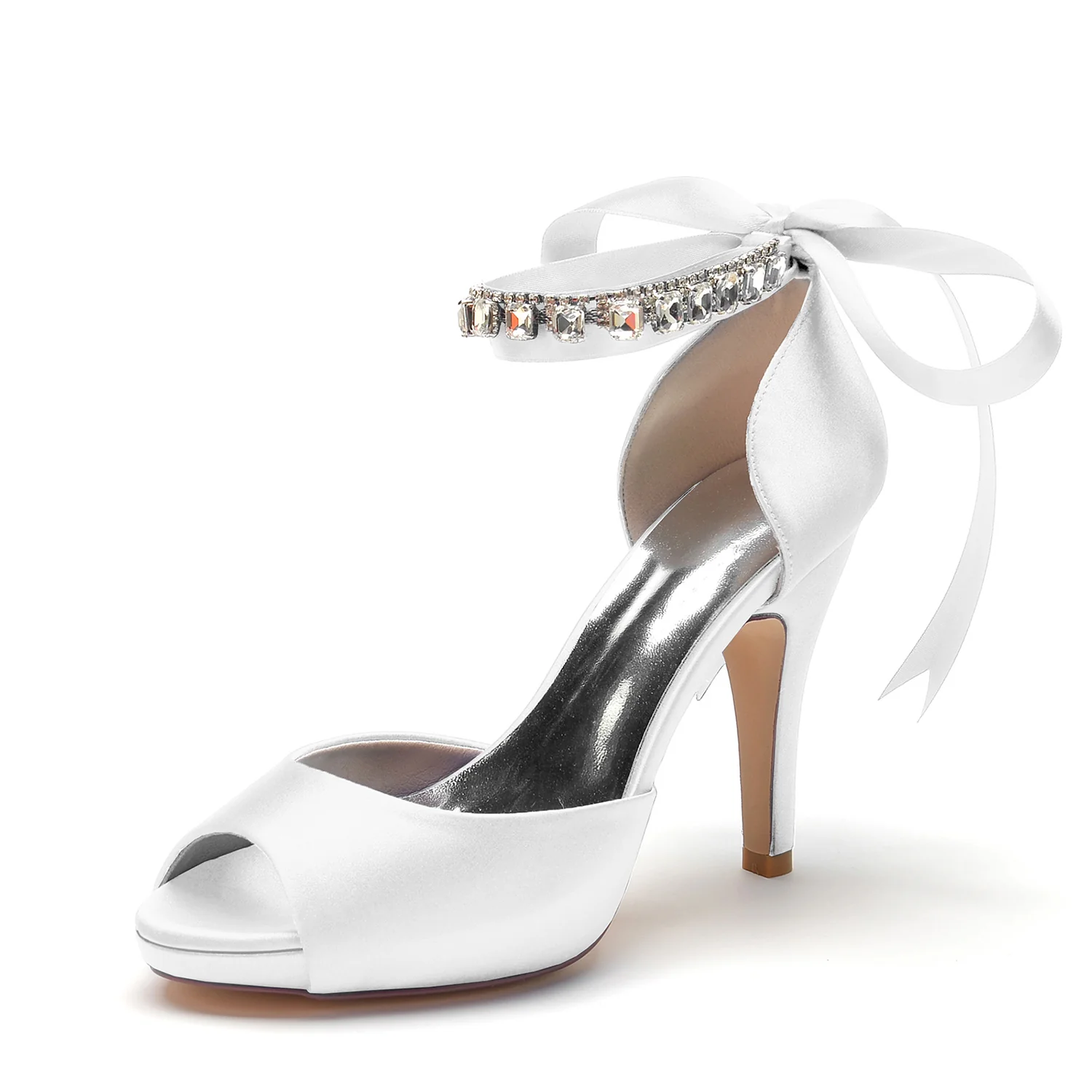 Women's Wedding Shoes Peep Toe High Heel Rhinestone Bow Buckle Bridal Shoes - Image 12
