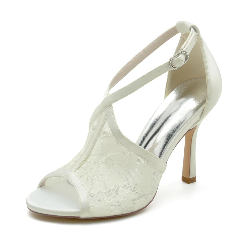 Women's Wedding Shoes Peep Toe Lace Enclosed Heel Buckle Bridal Shoes - Image 6