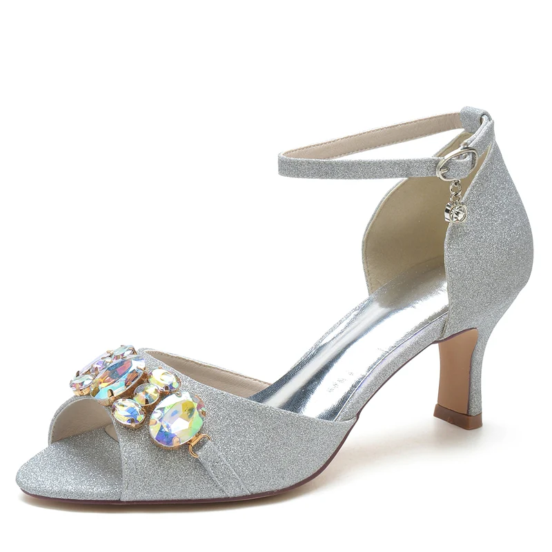Women's Wedding Shoes Peep Toe Mid Heel Buckle Bridal Shoes with Colorful Rhinestone - Image 6
