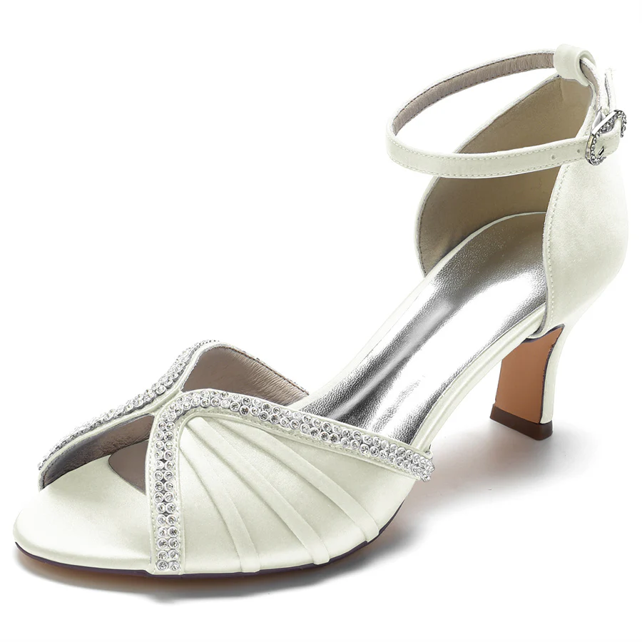 Women's Wedding Shoes Peep Toe Mid Heel Buckle Bridal Shoes with Rhinestons - Image 13