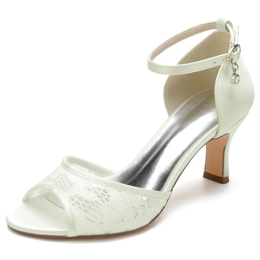 Women's Wedding Shoes Peep Toe Mid Heel Buckle Elegant Lace Bridal Shoes - Image 7