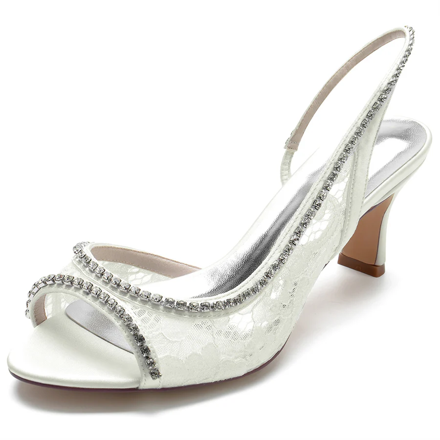 Women's Wedding Shoes Peep Toe Mid Heel Elegant Lace Bridal Shoes with Crystals - Image 7