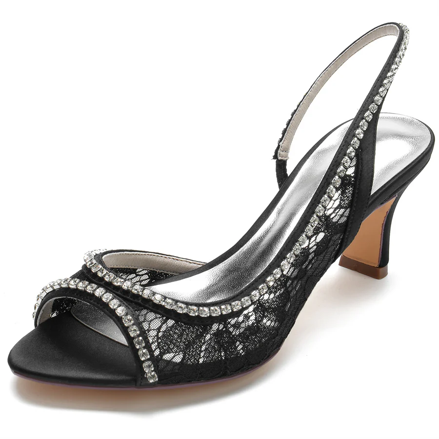 Women's Wedding Shoes Peep Toe Mid Heel Elegant Lace Bridal Shoes with Crystals - Image 9
