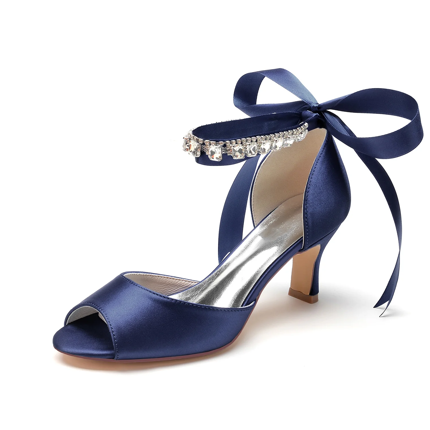 Women's Wedding Shoes Peep Toe Mid Heel Rhinestone Bow Buckle Bridal Shoes - Image 12
