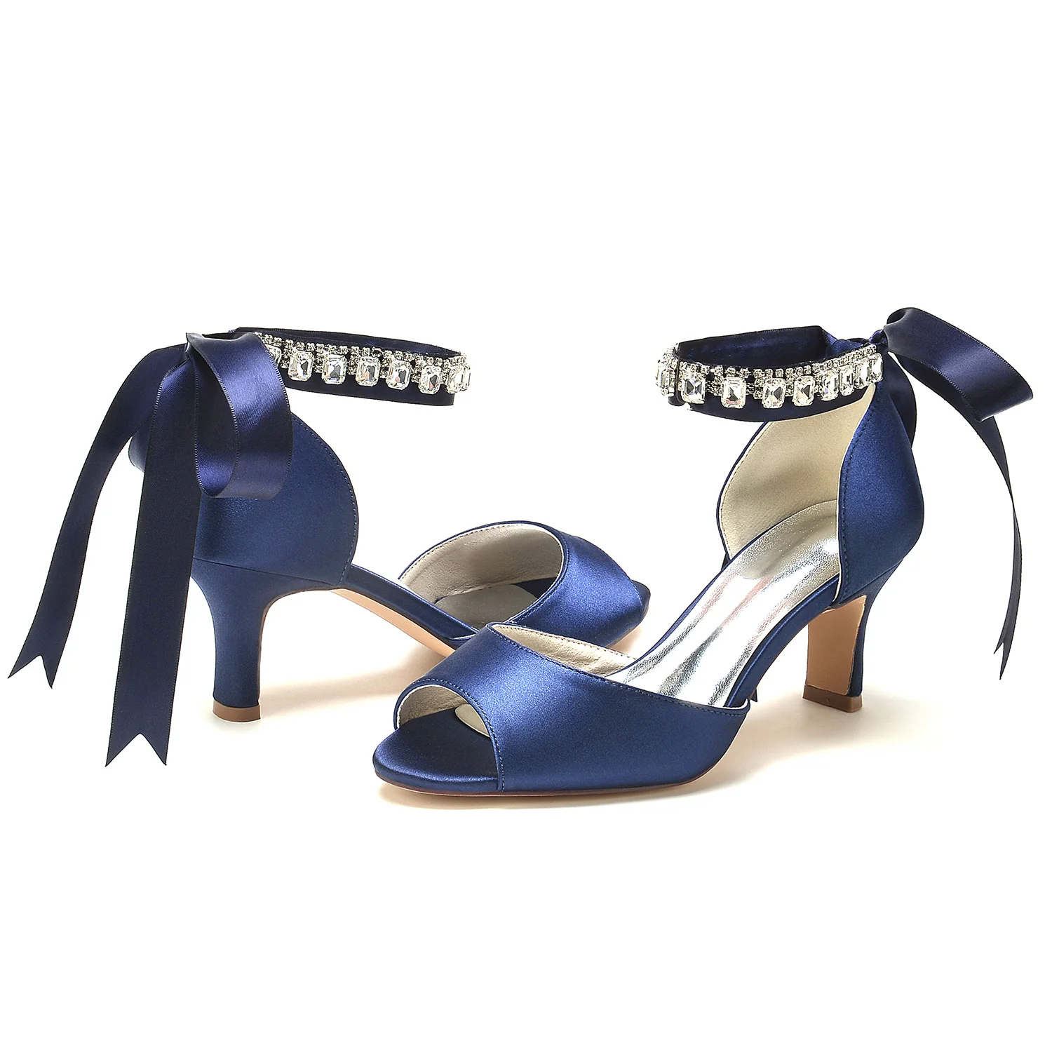 Women's Wedding Shoes Peep Toe Mid Heel Rhinestone Bow Buckle Bridal Shoes - Image 15