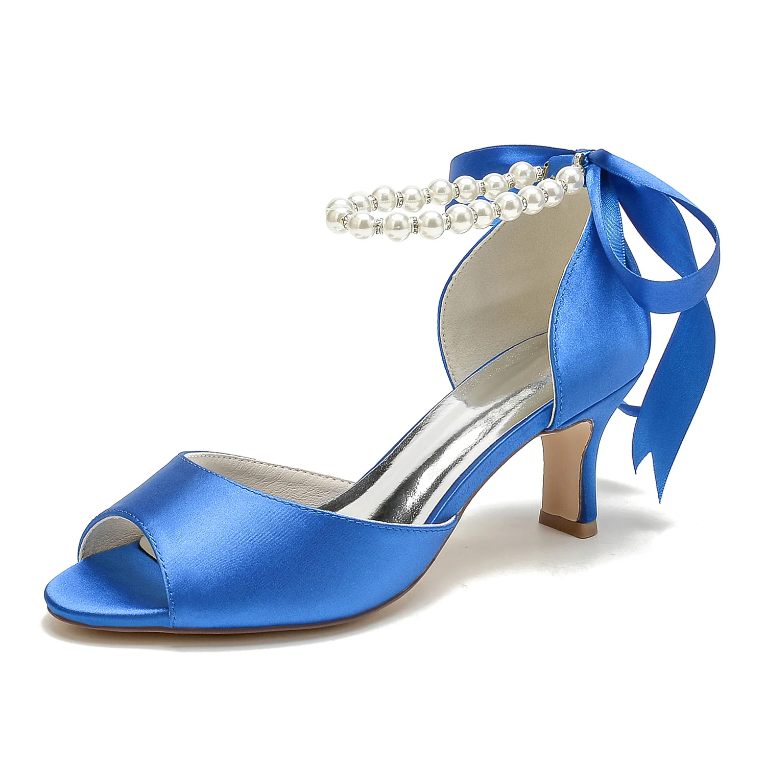 Women's Wedding Shoes Peep Toe Pearl Mid Bow Heel Bridal Shoes - Image 10