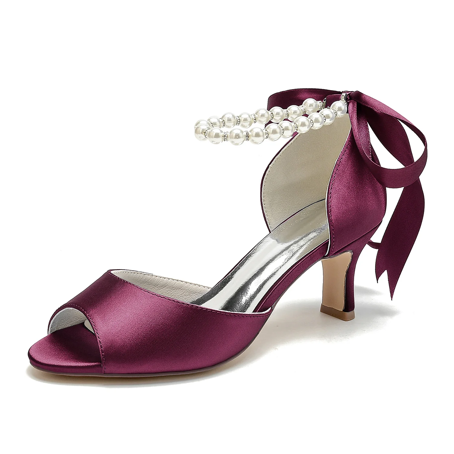 Women's Wedding Shoes Peep Toe Pearl Mid Bow Heel Bridal Shoes - Image 14