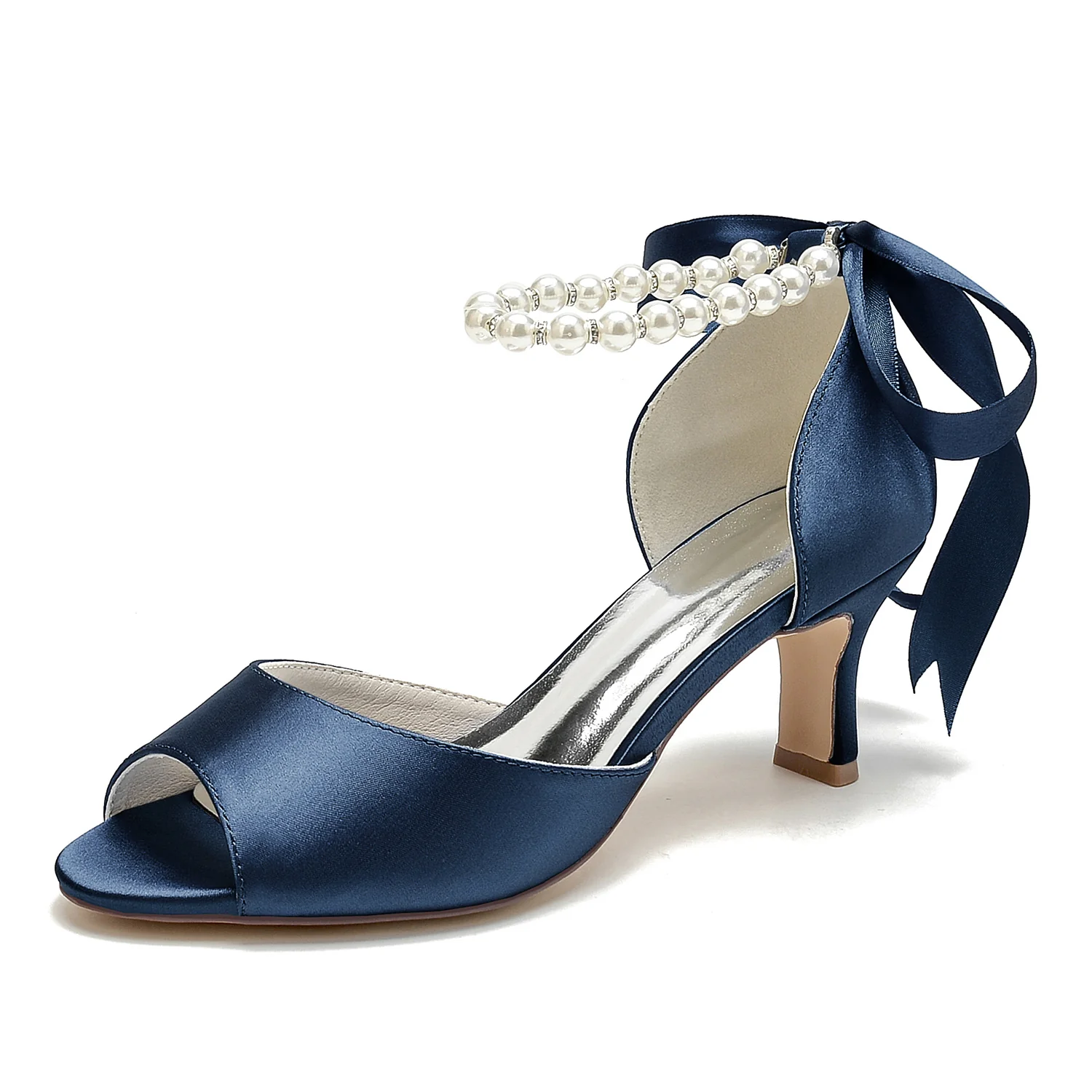 Women's Wedding Shoes Peep Toe Pearl Mid Bow Heel Bridal Shoes - Image 16