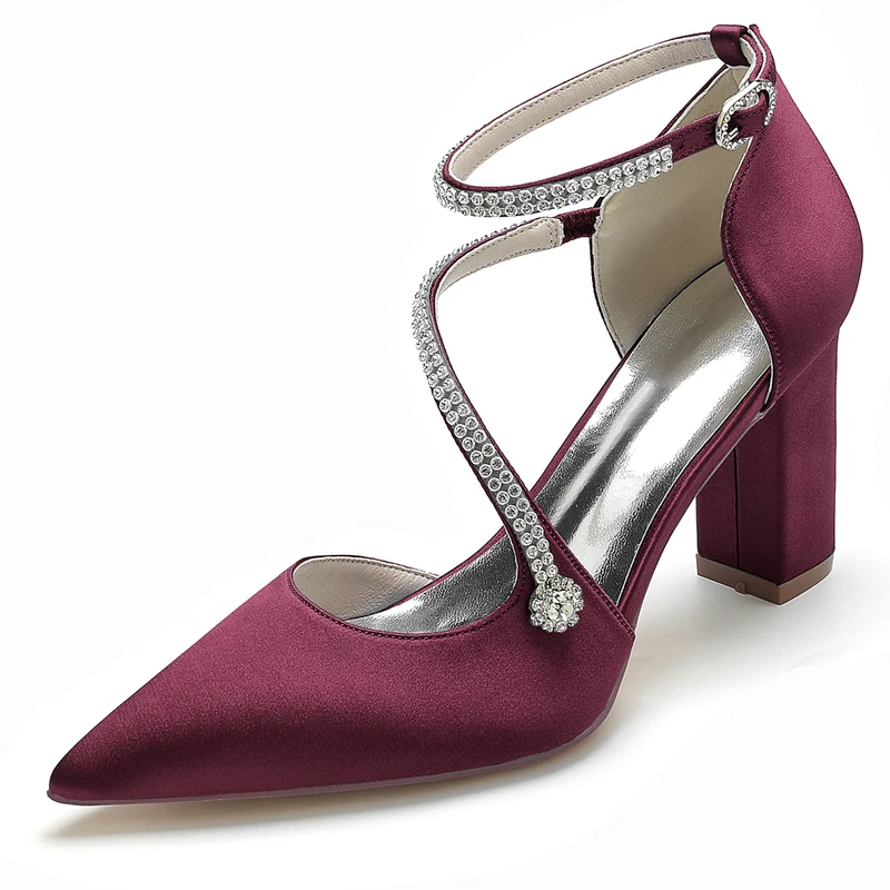 Women's Wedding Shoes Pointed Toe Block Heel Crossed Straps Buckle Bridal Shoes with Crystal - Image 11