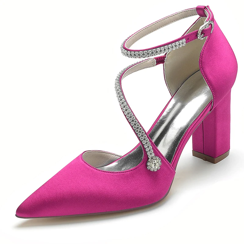 Women's Wedding Shoes Pointed Toe Block Heel Crossed Straps Buckle Bridal Shoes with Crystal - Image 8