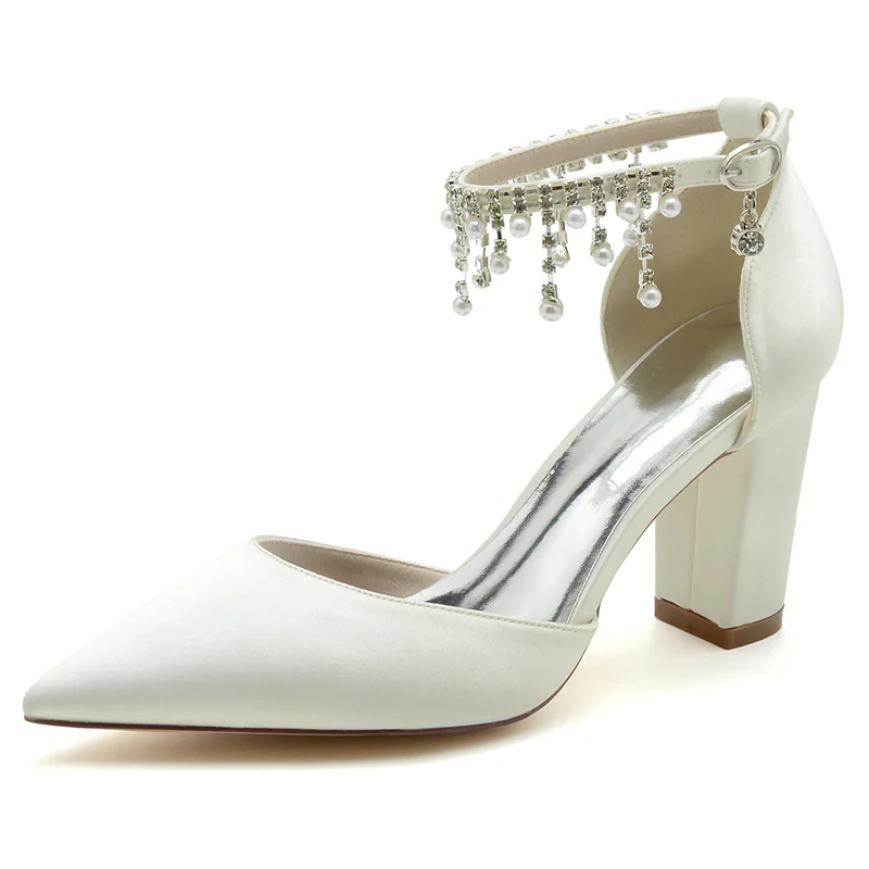 Women's Wedding Shoes Pointed Toe Block Heel Graceful Buckle Bridal Shoes with Pearl Tassels - Image 8