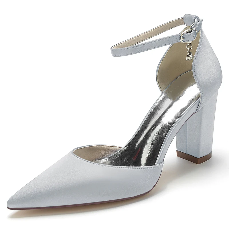 Women's Wedding Shoes Pointed Toe Block Heel Simple Buckle Bridal Shoes with Crystal Pendant - Image 10