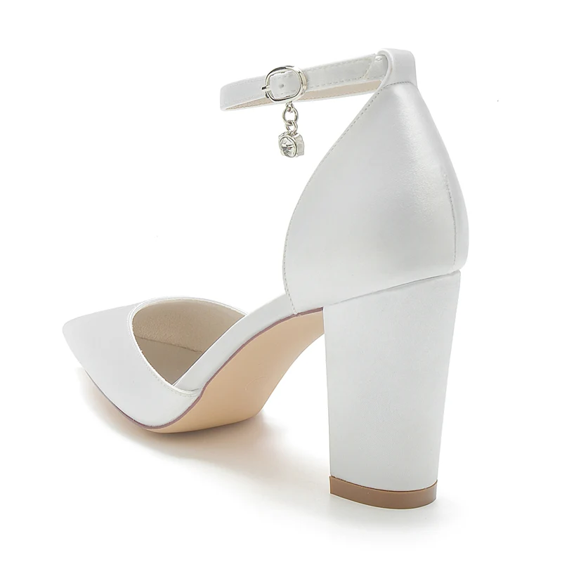 Women's Wedding Shoes Pointed Toe Block Heel Simple Buckle Bridal Shoes with Crystal Pendant - Image 3