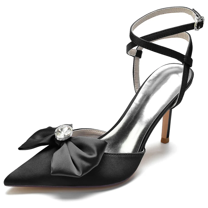 Women's Wedding Shoes Pointed Toe Bow Cross Buckle Bridal Shoes with Rhinestones - Image 13