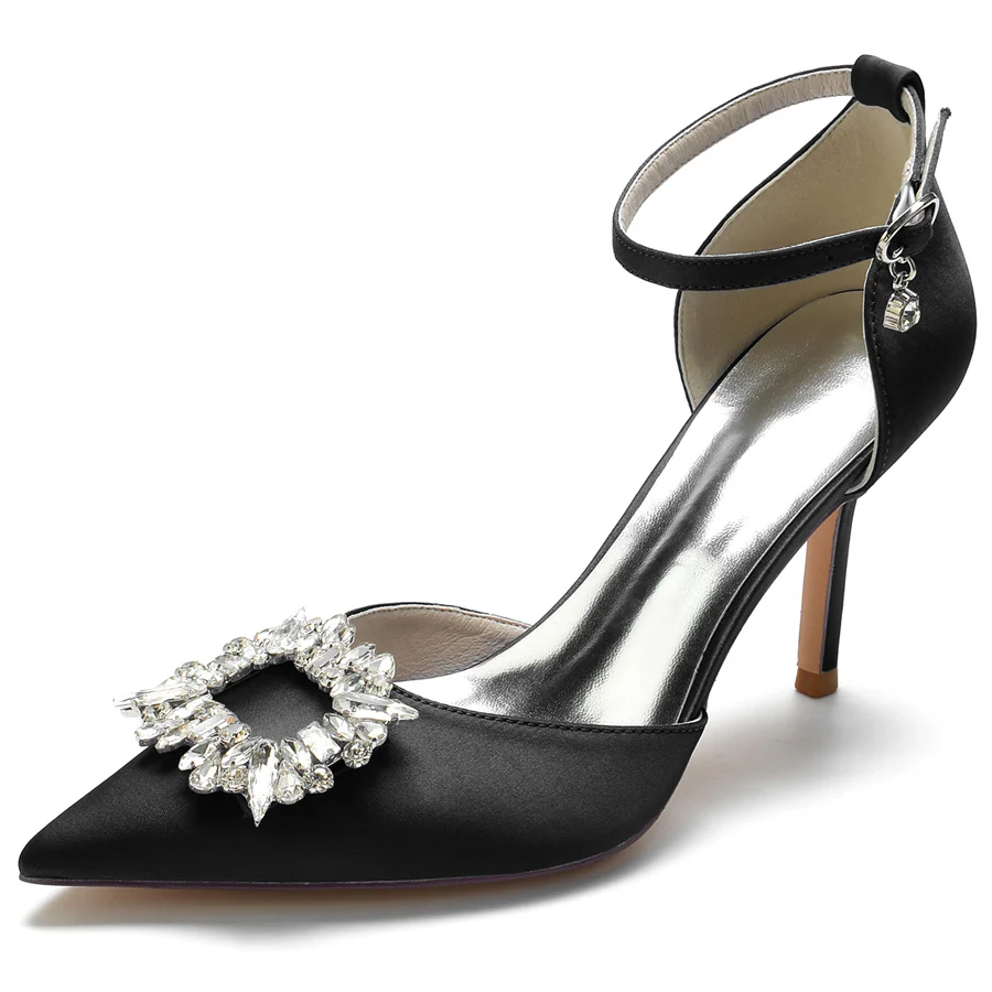 Women's Wedding Shoes Pointed Toe Buckle Bridal Shoes with Square Rhinestones - Image 7