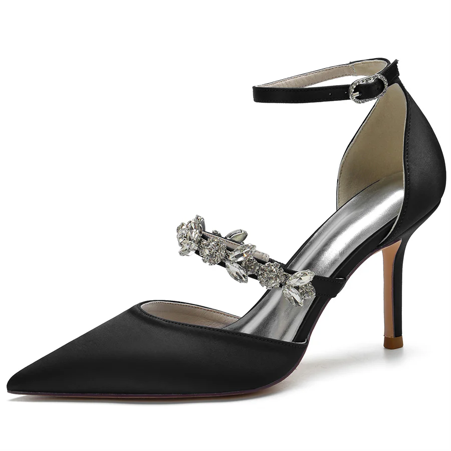 Women's Wedding Shoes Pointed Toe Buckle High Heel Bridal Shoes with Crystals Strap - Image 8