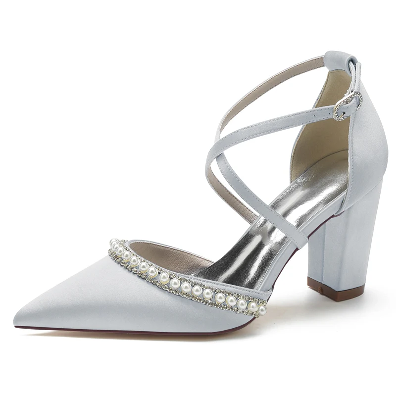 Women's Wedding Shoes Pointed Toe Chunky Heel Crossed Straps Bridal Shoes with Delicate Pearl - Image 12