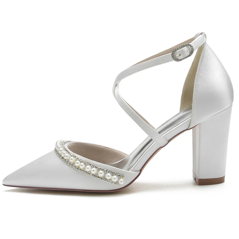 Women's Wedding Shoes Pointed Toe Chunky Heel Crossed Straps Bridal Shoes with Delicate Pearl - Image 3