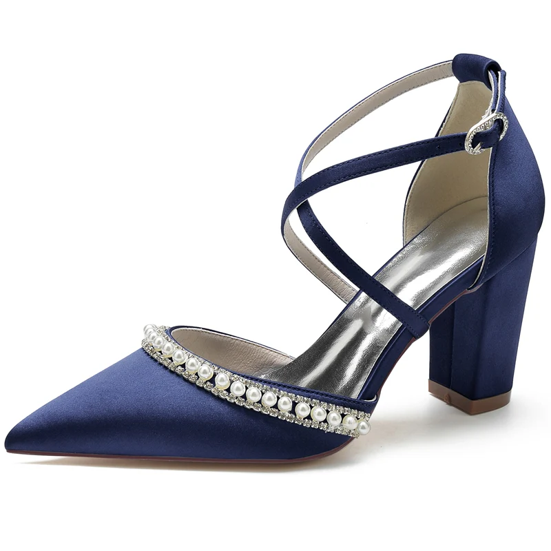 Women's Wedding Shoes Pointed Toe Chunky Heel Crossed Straps Bridal Shoes with Delicate Pearl - Image 7
