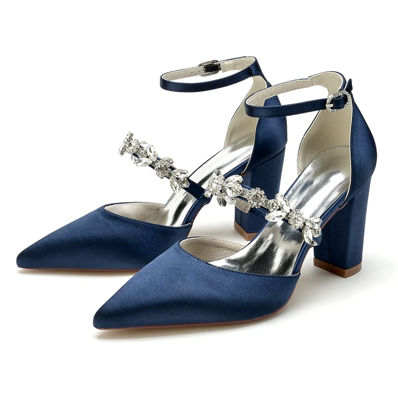 Women's Wedding Shoes Pointed Toe Chunky Heel Silk Satin Buckle Bridal Shoes with Rhinestone - Image 12