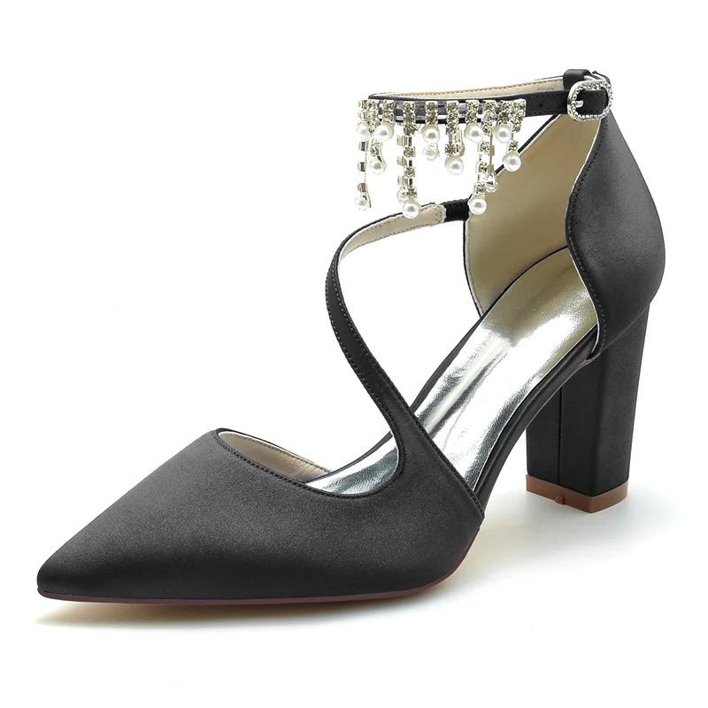 Women's Wedding Shoes Pointed Toe Crossed Strap Buckle Bridal Shoes with Pearl Tassels - Image 12