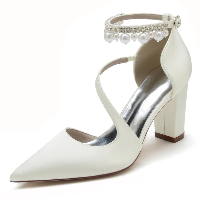 Women's Wedding Shoes Pointed Toe Crossed Straps Buckle Sophisticated Bridal Shoes with Pearl - Image 12