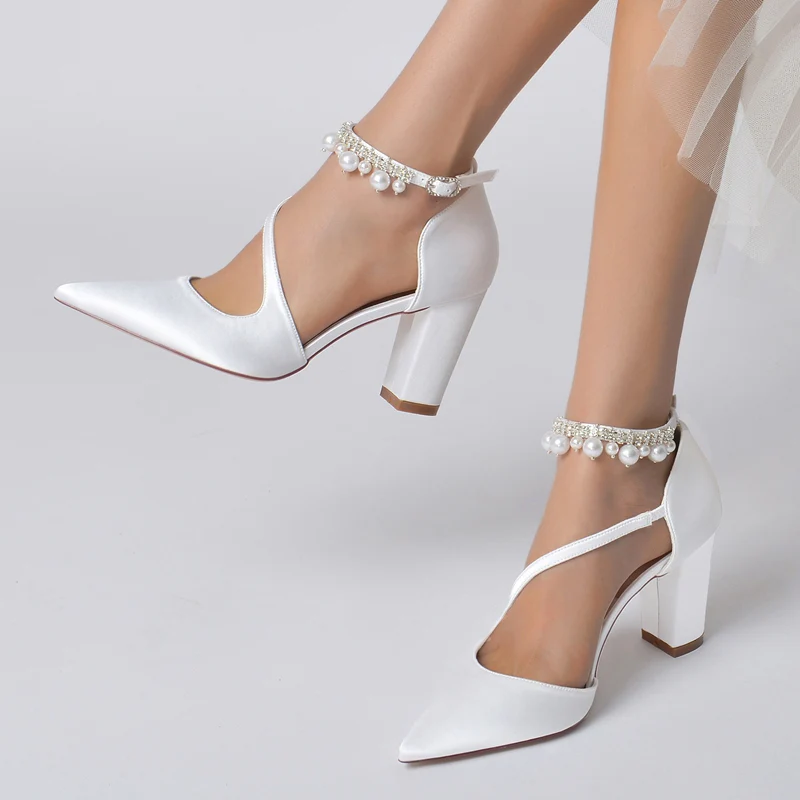 Women's Wedding Shoes Pointed Toe Crossed Straps Buckle Sophisticated Bridal Shoes with Pearl - Image 6