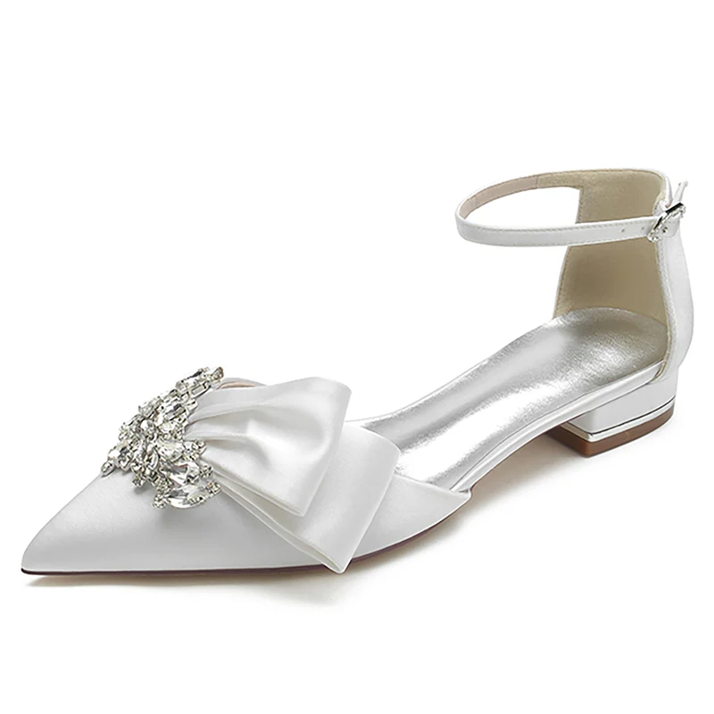 Women's Wedding Shoes Pointed Toe Flat Heel Buckle Elegant Bridal Shoes with Rhinestone & Ruffles - Image 2