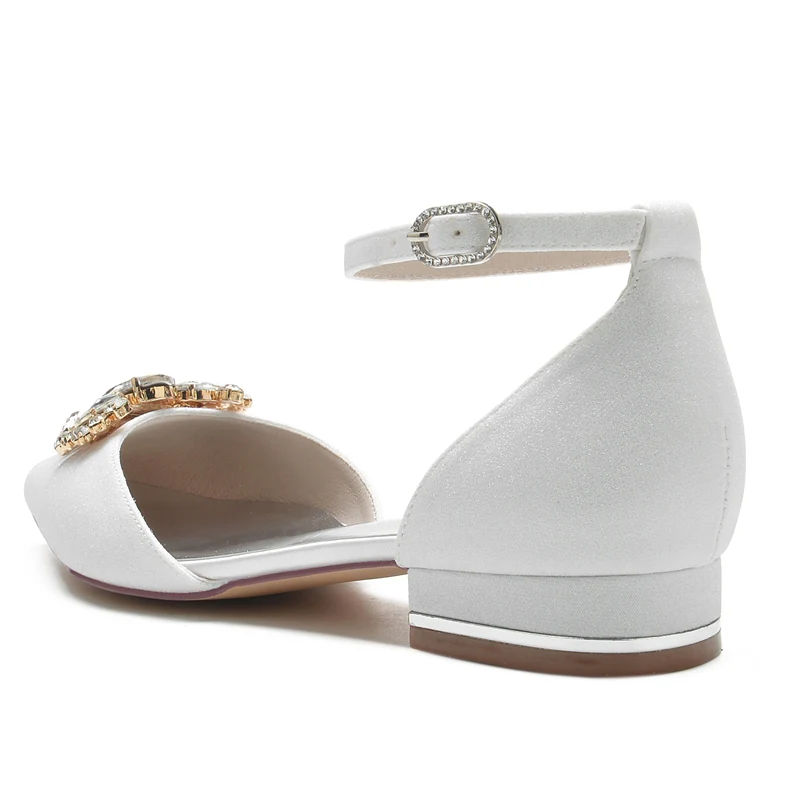 Women's Wedding Shoes Pointed Toe Flat Heel Elegant Buckle Bridal Shoes with Rhinestone - Image 3
