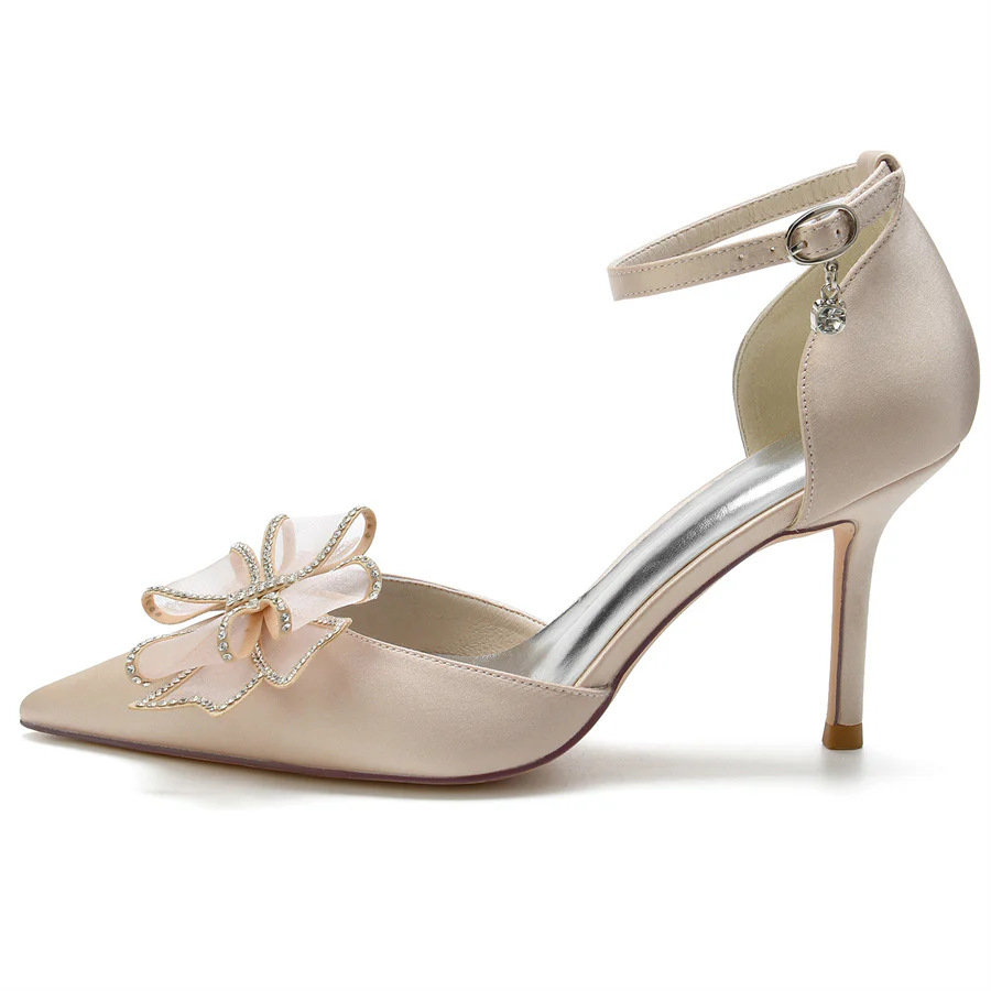 Women's Wedding Shoes Pointed Toe High Heel Bridal Shoes with Crystals Bow - Image 4