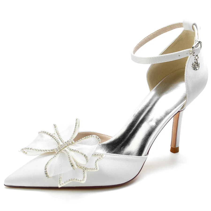 Women's Wedding Shoes Pointed Toe High Heel Bridal Shoes with Crystals Bow - Image 6